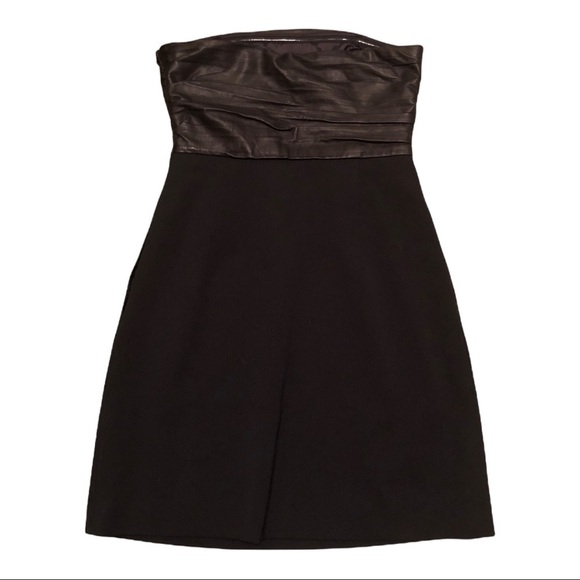 NWT THEORY Y2K Pleated Lamb Leather & Wool Twill Strapless Black Mini Dress 4 - Picture 4 of 6